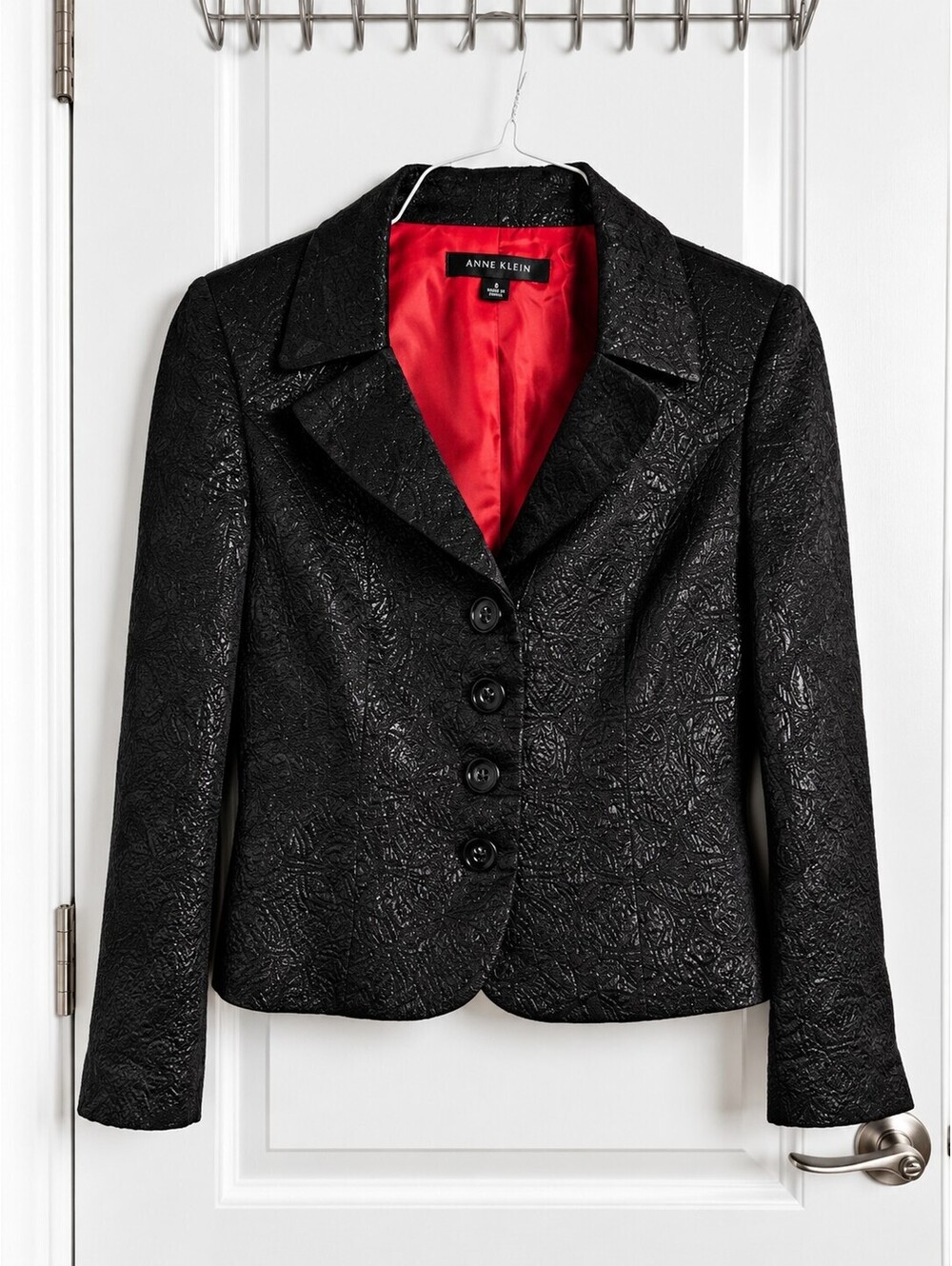 Anne Klein Black Textured Brocade Blazer Women’s Size 6 Red Lined